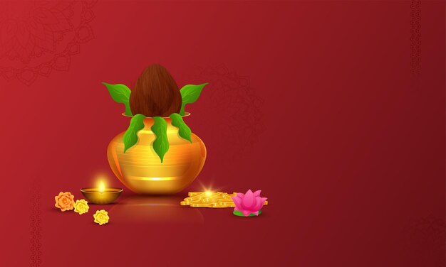 Vetor pote de adoração dourado kalash com moedas brilhantes aceso lâmpada a óleo diya lotus flor de calêndula e espaço da cópia no fundo vermelho mandala