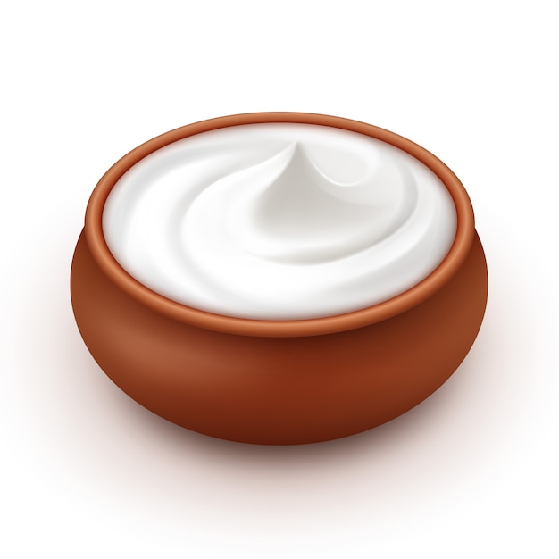 Vetor pote de cerâmica com molho de creme de leite e sorvete de maionese em branco