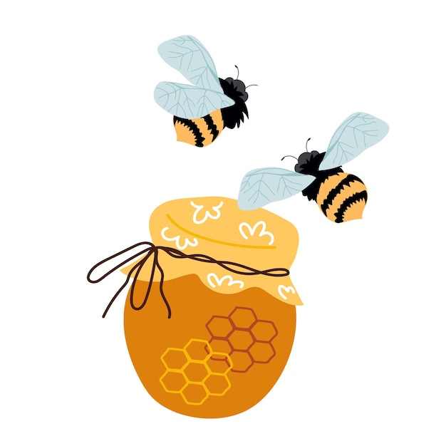 Pote de mel e ilustração vetorial desenhada à mão plana de abelhas isolada em branco