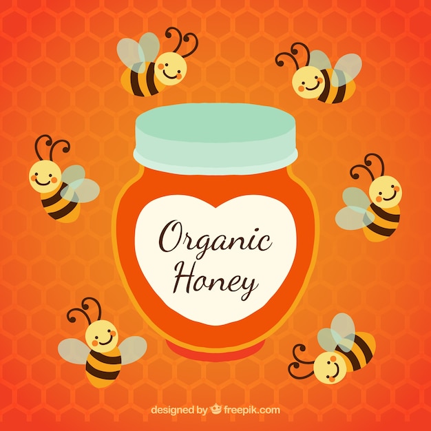 Vetor pote de mel orgânico de abelhas ao redor