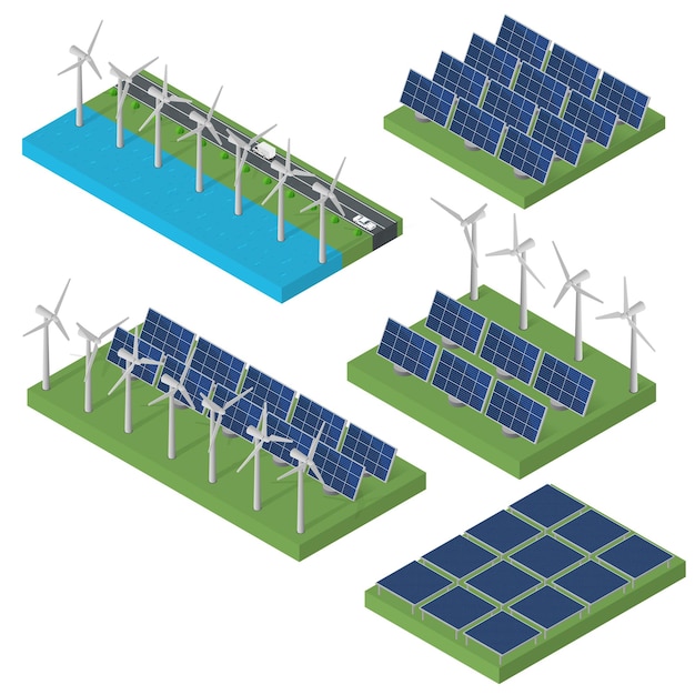 Potência da turbina eólica. Conceito isométrico de energia limpa. Força do vento. Painéis solares azuis. Plano isométrico. Energia alternativa moderna. Conjunto de energia ecológica.