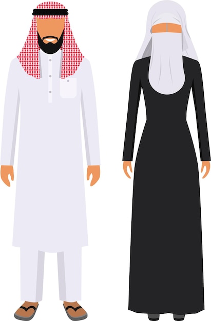 Vetor povo árabe homem e mulher juntos em roupas árabes muçulmanas tradicionais em estilo simples