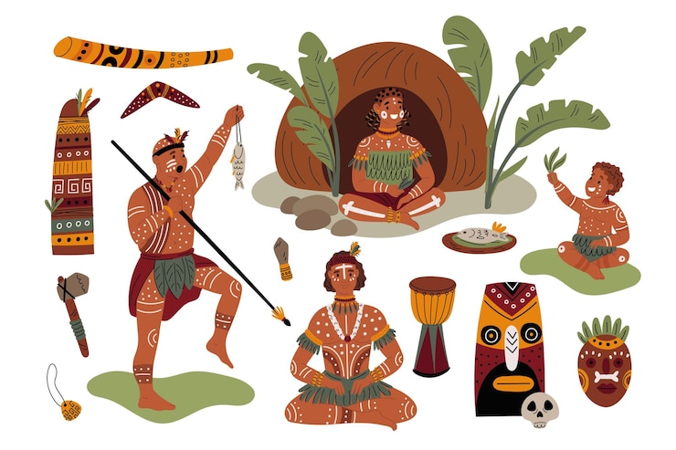 Vetor povos africanos ornamentos étnicos tradicionais personagens tribais com roupas de folha de palma adultos e crianças caçadores aborígenes mulher indígena em cabana conjunto de elementos vetoriais garish