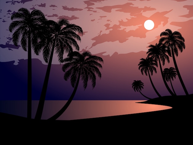 praia à noite ilustração com luar e céu nublado