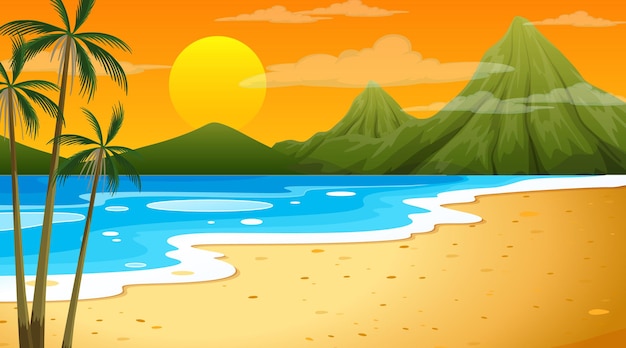 Vetor praia ao pôr do sol cena da paisagem com montanha