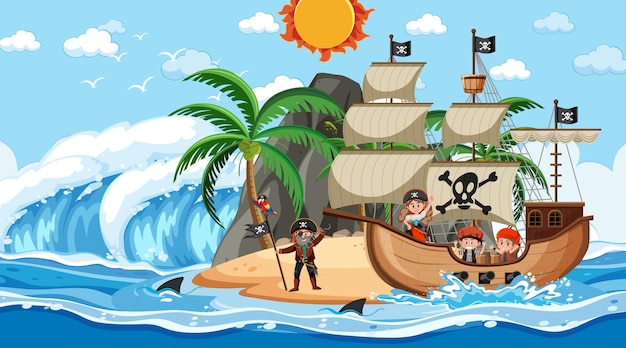 Praia com o navio pirata em cena diurna em estilo cartoon