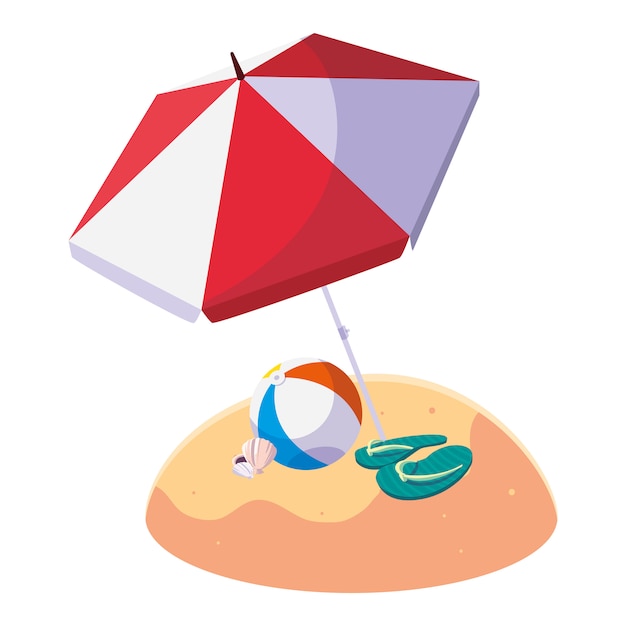 Praia de areia de verão com guarda-chuva e balão de brinquedo