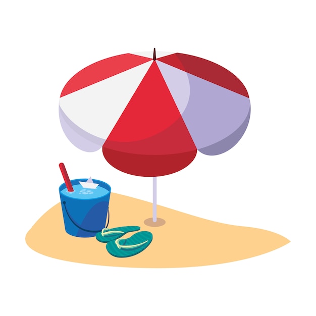 Praia de areia de verão com guarda-chuva e flip-flops
