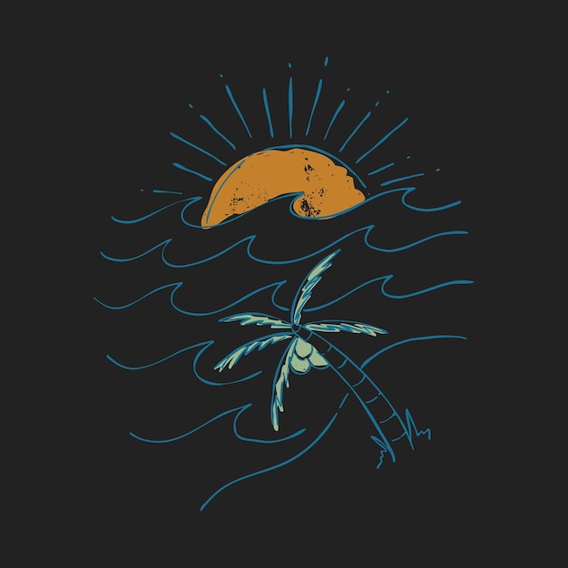 Praia de beleza com boa onda e ilustração gráfica do pôr do sol design de camiseta de arte vetorial