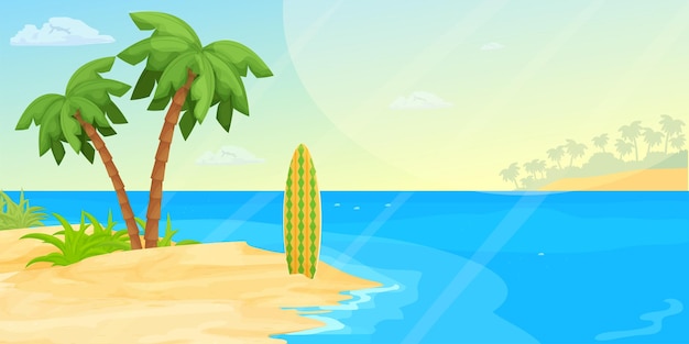 Vetor praia de paisagem marinha tropical com palmeira de areia do mar e prancha de surf em estilo de desenho animado banner horizontal