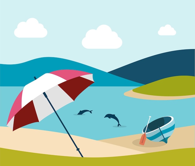 Praia de verão com guarda-chuva vermelho design plano