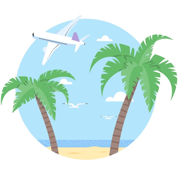 Praia de vetor com ilustração de palma e avião em branco
