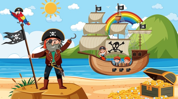 Praia durante o dia com o personagem de desenho animado de crianças piratas no navio