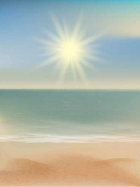 Vetor praia e mar tropical com sol brilhante.