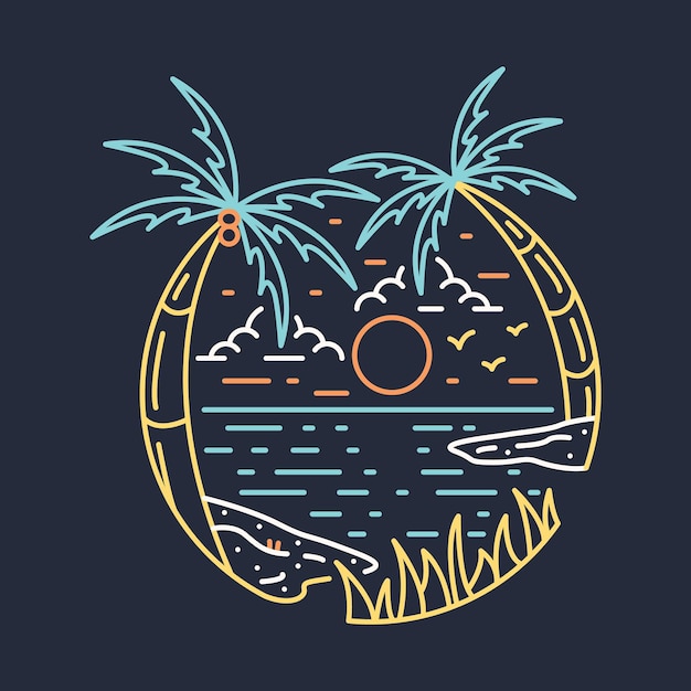 Praia natureza aventura noite selvagem linha ilustração gráfica design de t-shirt