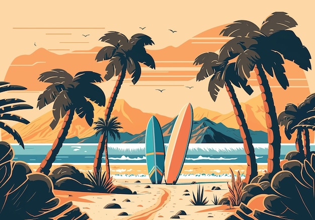 Praia oceânica com pranchas de surfe Surfando na ilha contra o fundo de montanhas e palmeiras Vector a ilustração plana EPS 10