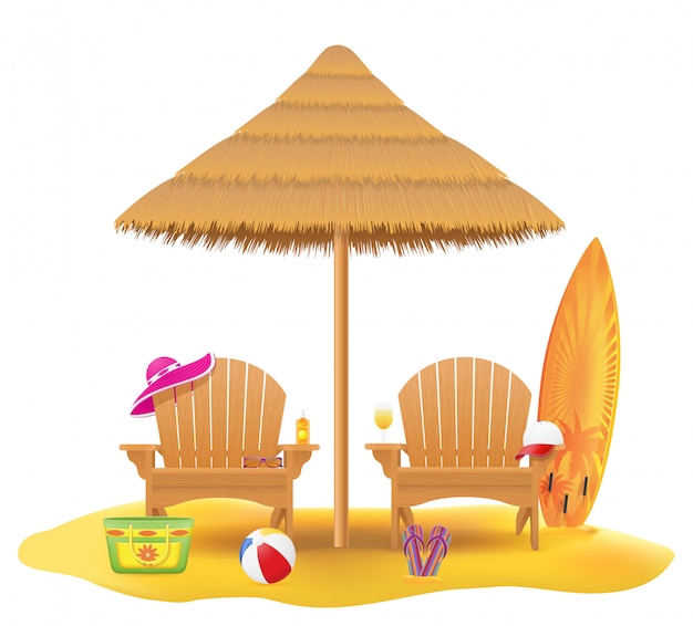 Vetor praia poltrona espreguiçadeira espreguiçadeira de madeira e guarda-chuva feita de palha e reed