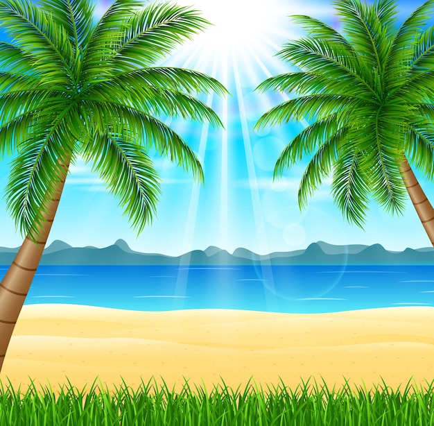 Vetor praia tropical com sol brilhante e palmeiras