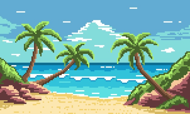 Praia tropical de pixel com fundo de palmeiras