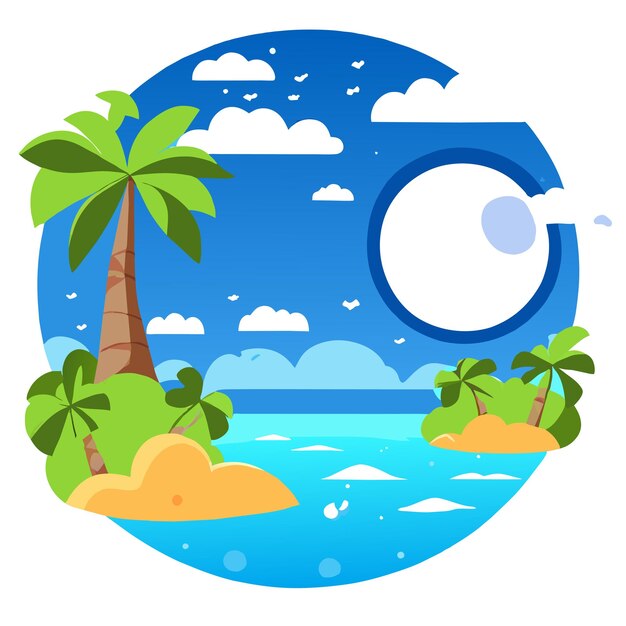 Vetor praias pôr-do-sol palmeiras ilha tropical desenhado à mão plano elegante mascote desenho animado