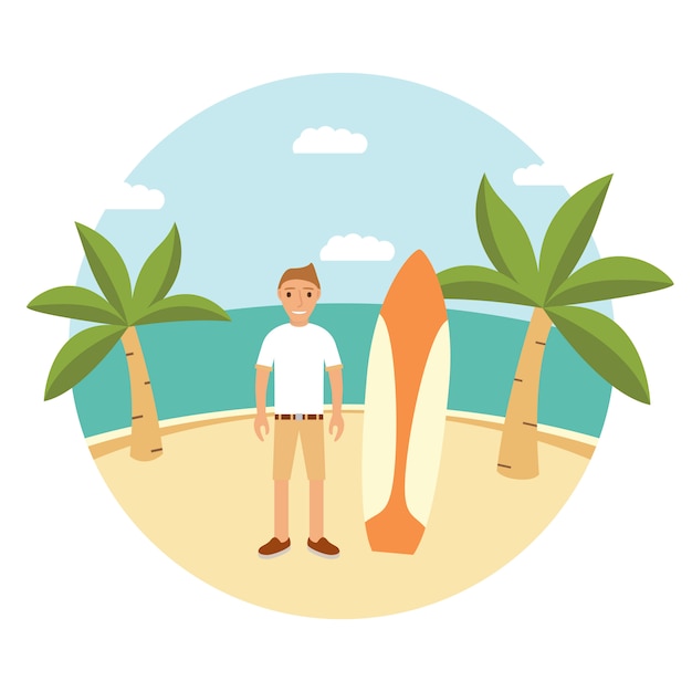 Vetor prancha de palmeira de paisagem. surf neste verão. personagem de surfista.