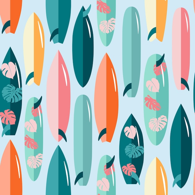 Pranchas de surf com folhas tropicais padrão sem costura de verão dos desenhos animados