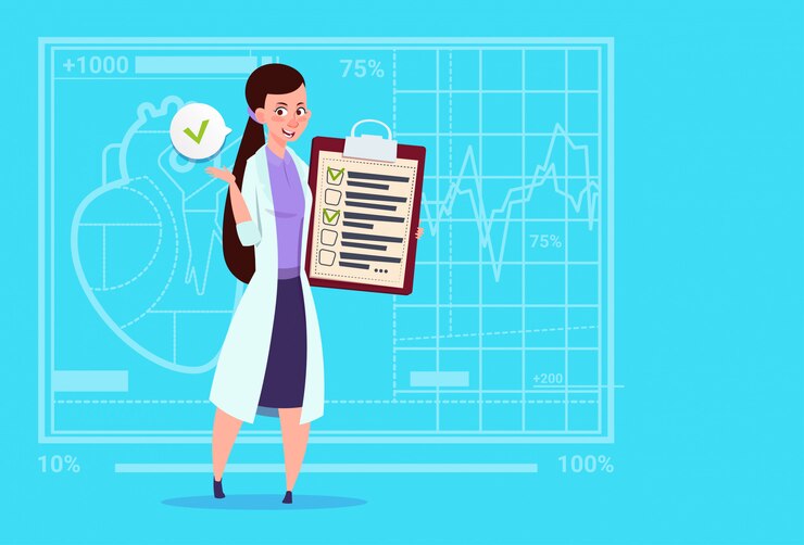 Vetor prancheta de exploração do médico feminino com análise de resultados e diagnóstico hospital de trabalhador de clínicas médicas