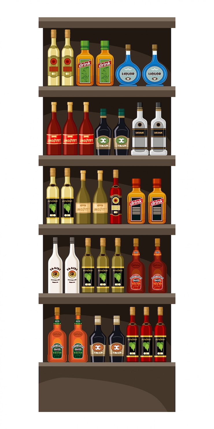 Vetor prateleiras com álcool. bebidas