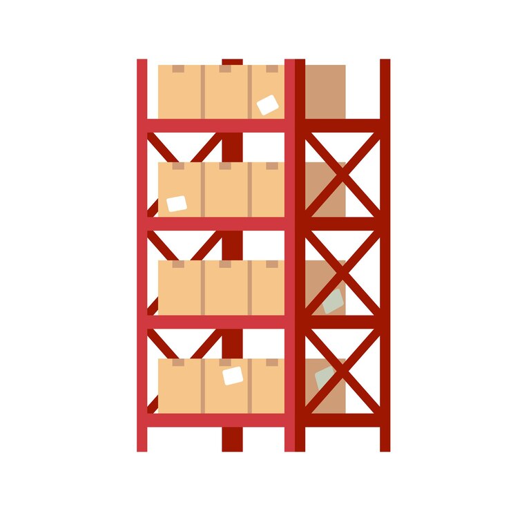 Vetor prateleiras de armazém com caixas. rack de metal vermelho com pacotes fechados de papelão quadrado bege, organização e armazenamento de carga de embalagem, remessa de indústria, ilustração isolada de vetor de mercadorias de envio