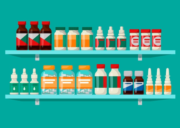 Prateleiras de farmácia com medicamentos. o conceito de produtos farmacêuticos e medicamentos. estilo de desenho animado.