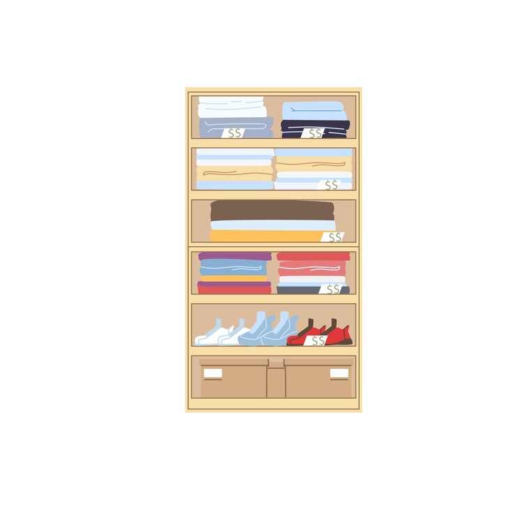 Vetor prateleiras de guarda-roupa planas, roupas e sapatos diferentes com etiquetas de preço, conceito de ilustração vetorial de elementos de interior de loja de roupas
