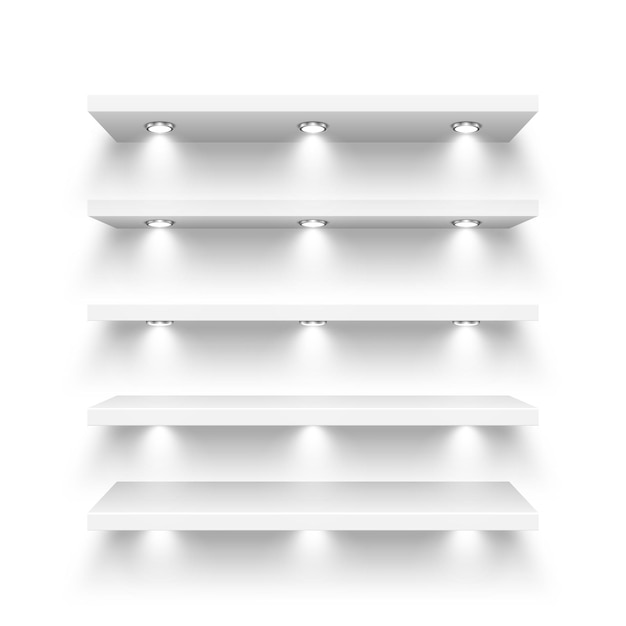 Prateleiras de lojas brancas realistas com holofotes de iluminação prateleiras de produtos vazias rack de parede de supermercado