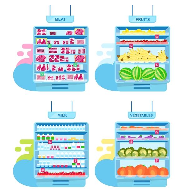 Prateleiras de supermercado com conjunto de ilustrações plana de produtos. Mercado de agricultores, interior da loja com comida.