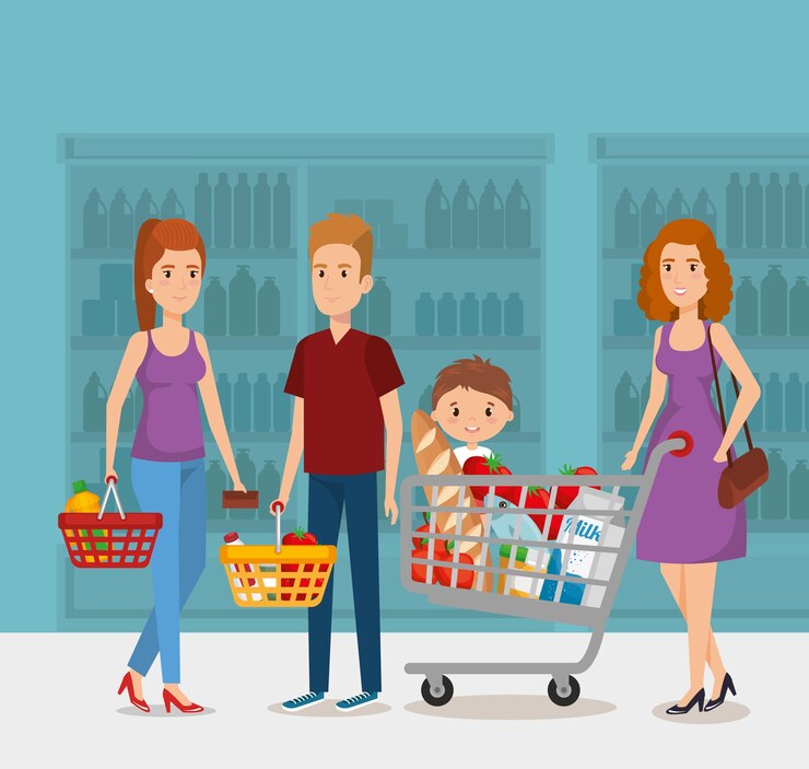 Vetor prateleiras de supermercados com pessoas comprando