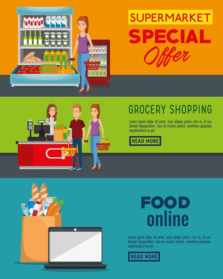 Vetor prateleiras de supermercados com pessoas comprando