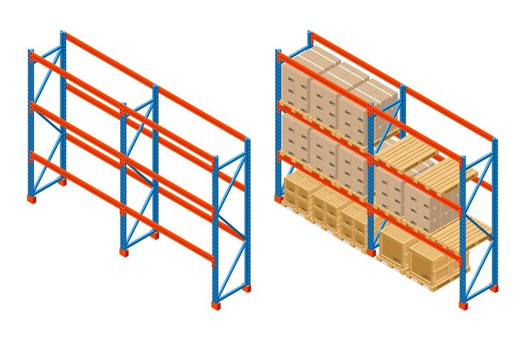 Prateleiras isométricas do armazém com caixas e prateleiras vazias. Ícone de equipamento de armazenamento. Vetor isolado no branco.