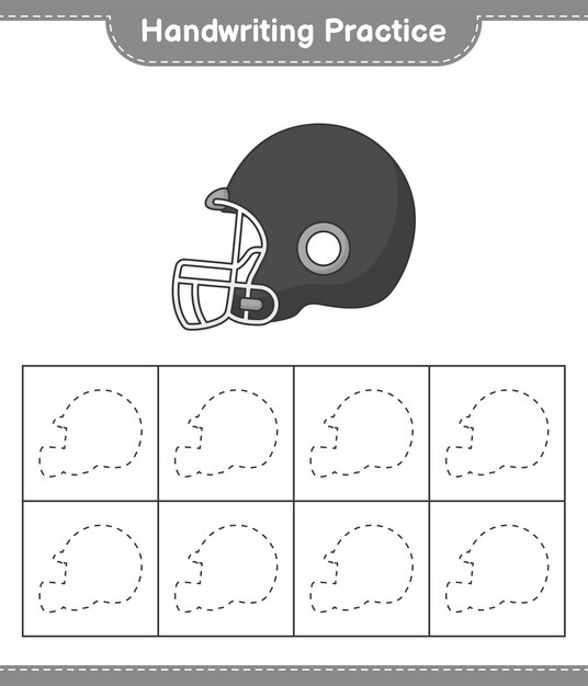 Prática de caligrafia. linhas de rastreamento de capacete de futebol. jogo educativo para crianças, planilha para impressão, ilustração vetorial