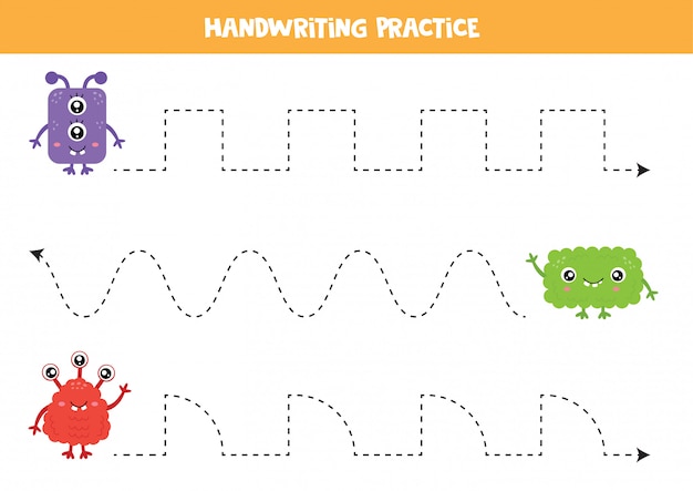 Prática de caligrafia para crianças. bonitos monstros coloridos.