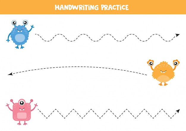 Prática de caligrafia para crianças. conjunto de monstros bonitinho.