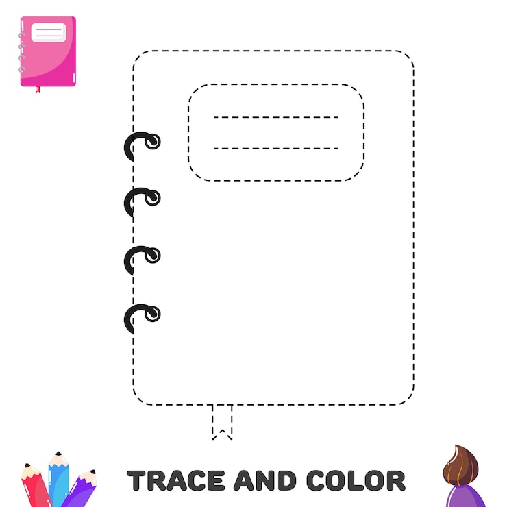 Vetor prática de caligrafia para crianças trace e notebook de cor material escolar