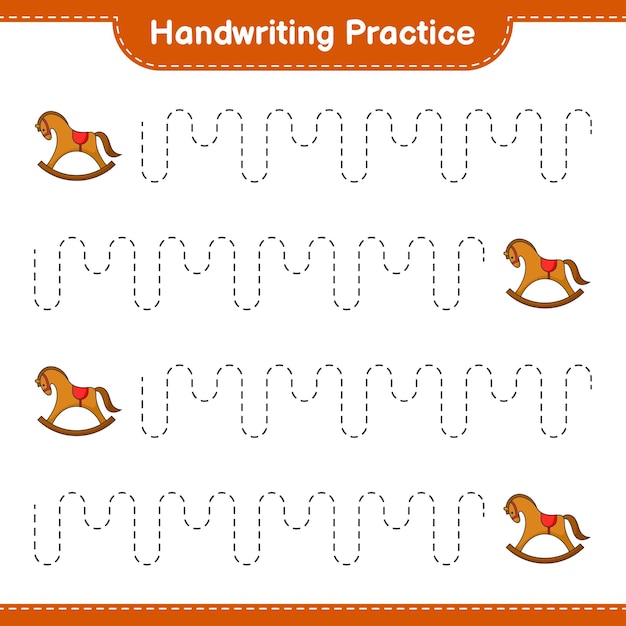 Prática de caligrafia traçando linhas da planilha para impressão do jogo educacional infantil rocking horse