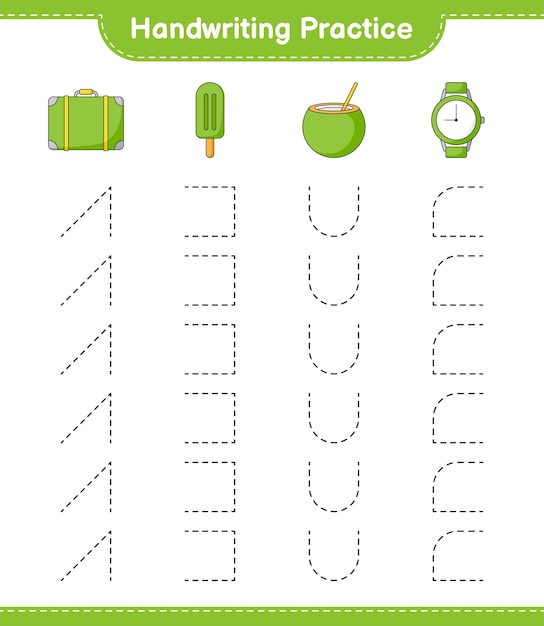 Prática de caligrafia traçando linhas de bagagem sorvete coco e relógios ilustração em vetor de planilha imprimível de jogos educativos para crianças