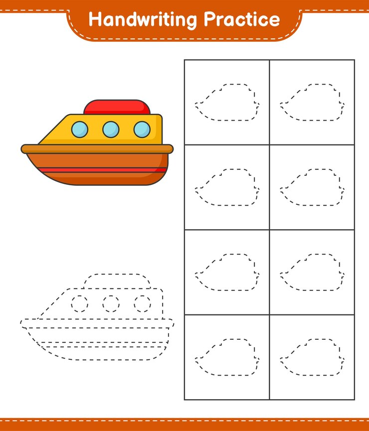Vetor prática de caligrafia. traçando linhas de barco. jogo educativo para crianças, planilha para impressão, ilustração vetorial