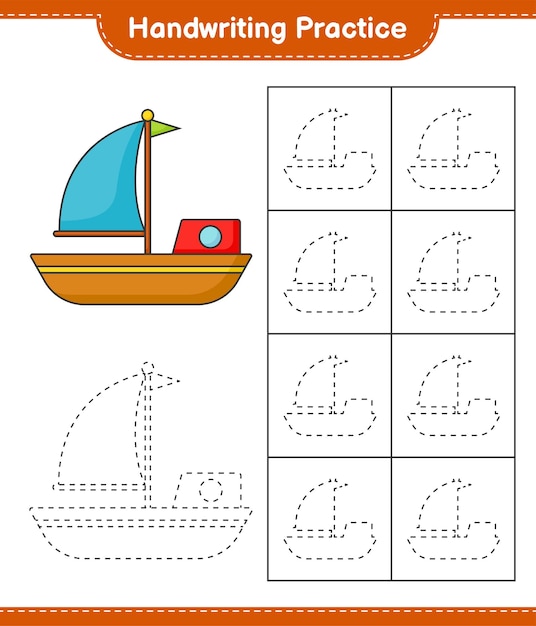 Prática de caligrafia. traçando linhas de barco. jogo educativo para crianças, planilha para impressão, ilustração vetorial