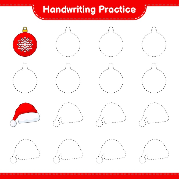 Prática de caligrafia traçando linhas de bola de natal e chapéu de papai noel jogo educativo para crianças