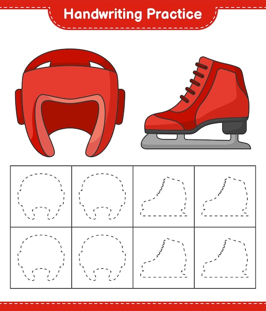 Prática de caligrafia traçando linhas de capacete de boxe e patins de gelo ilustração em vetor de planilha para impressão de jogo educacional para crianças