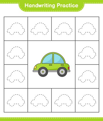 Prática de caligrafia. traçando linhas de carro. jogo educativo para  crianças, planilha para impressão, ilustração vetorial