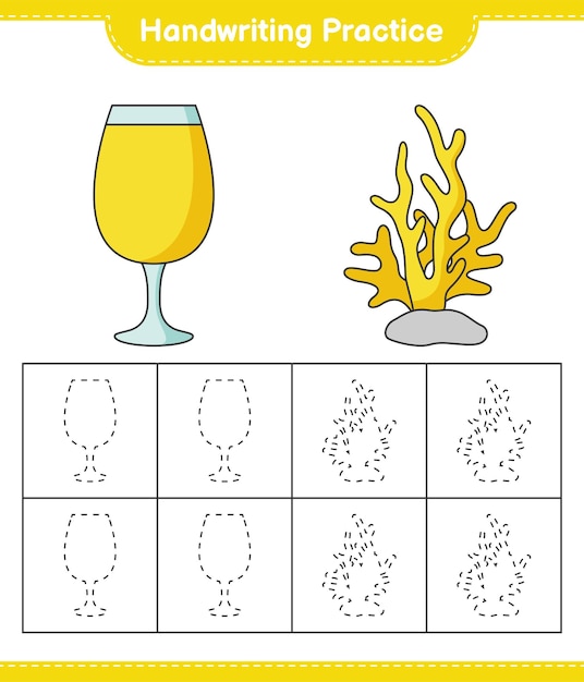 Prática de caligrafia traçando linhas de coral e cocktail educacional para crianças ilustração vetorial de planilha imprimível