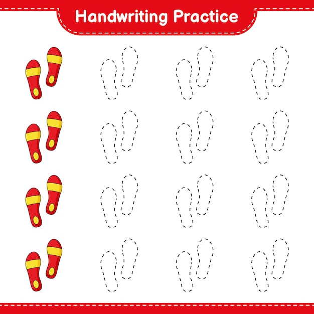 Prática de caligrafia. traçando linhas de flip-flop. jogo educativo para crianças, planilha para impressão, ilustração vetorial