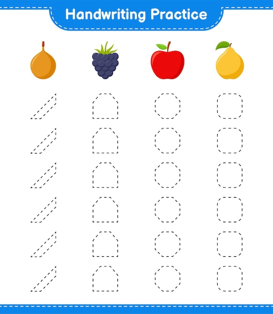 Prática de caligrafia. traçando linhas de frutas. jogo educativo para crianças, planilha para impressão